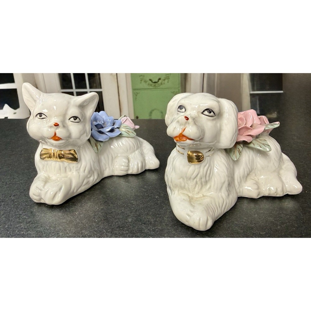 Vintage Cat & Dog Ceramic Figurines Pair Applied Roses Mid Century Japan